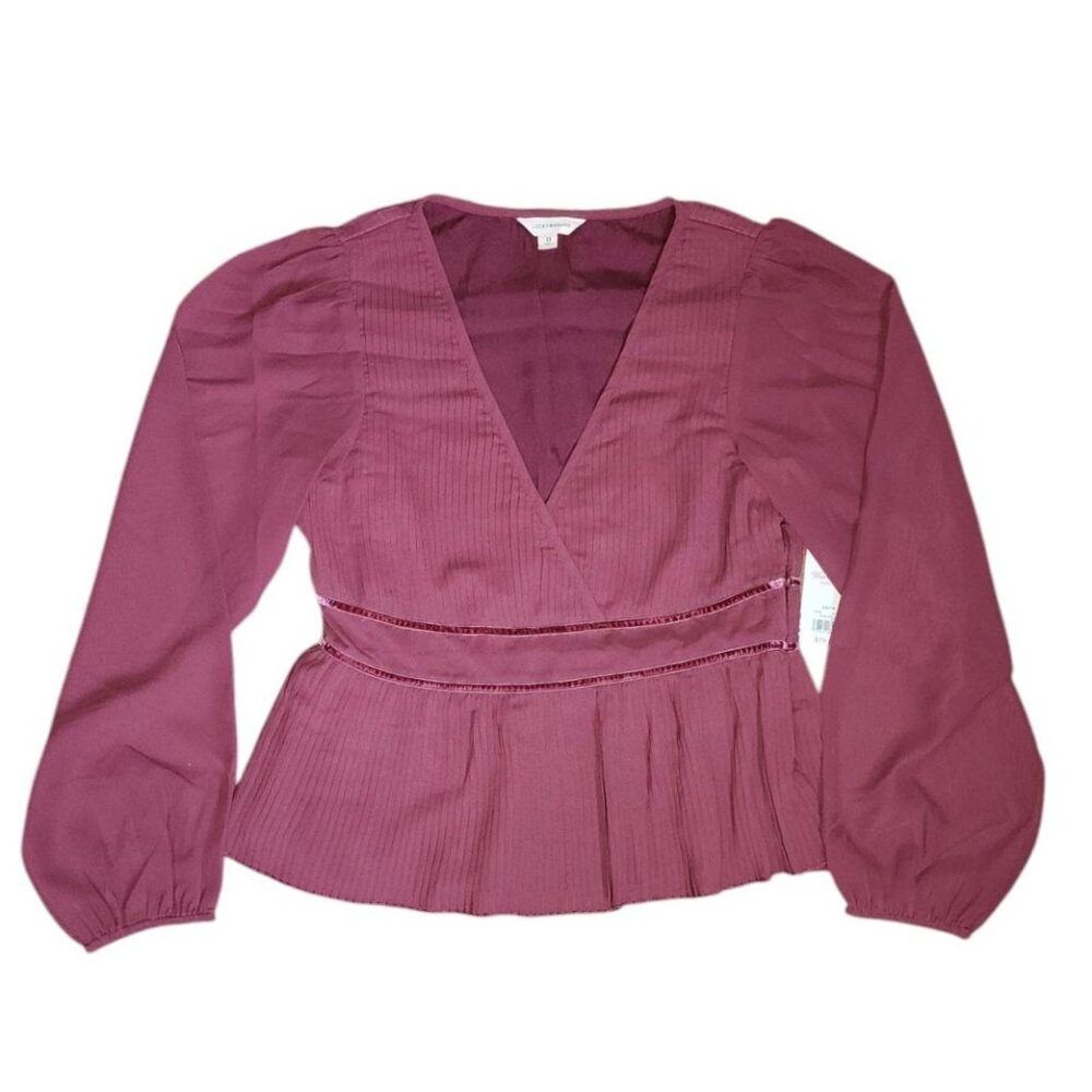 Lucky Brand Top Womens Size XS‎ Burgundy Pleated Long Sleeve V Neck Boho NWT New